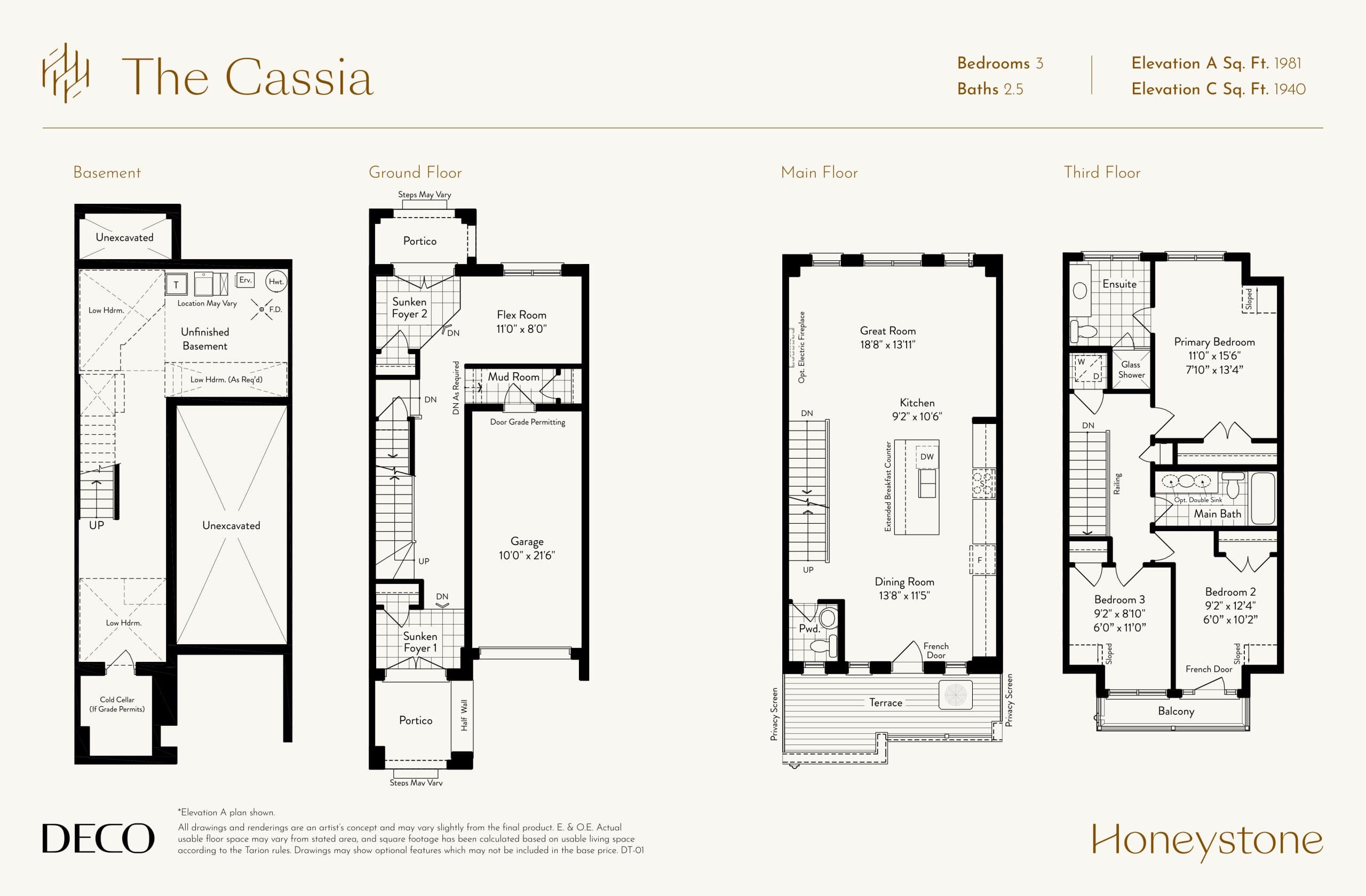 The Cassia Floor Plan at Honeystone Towns - 1981 sq.ft
