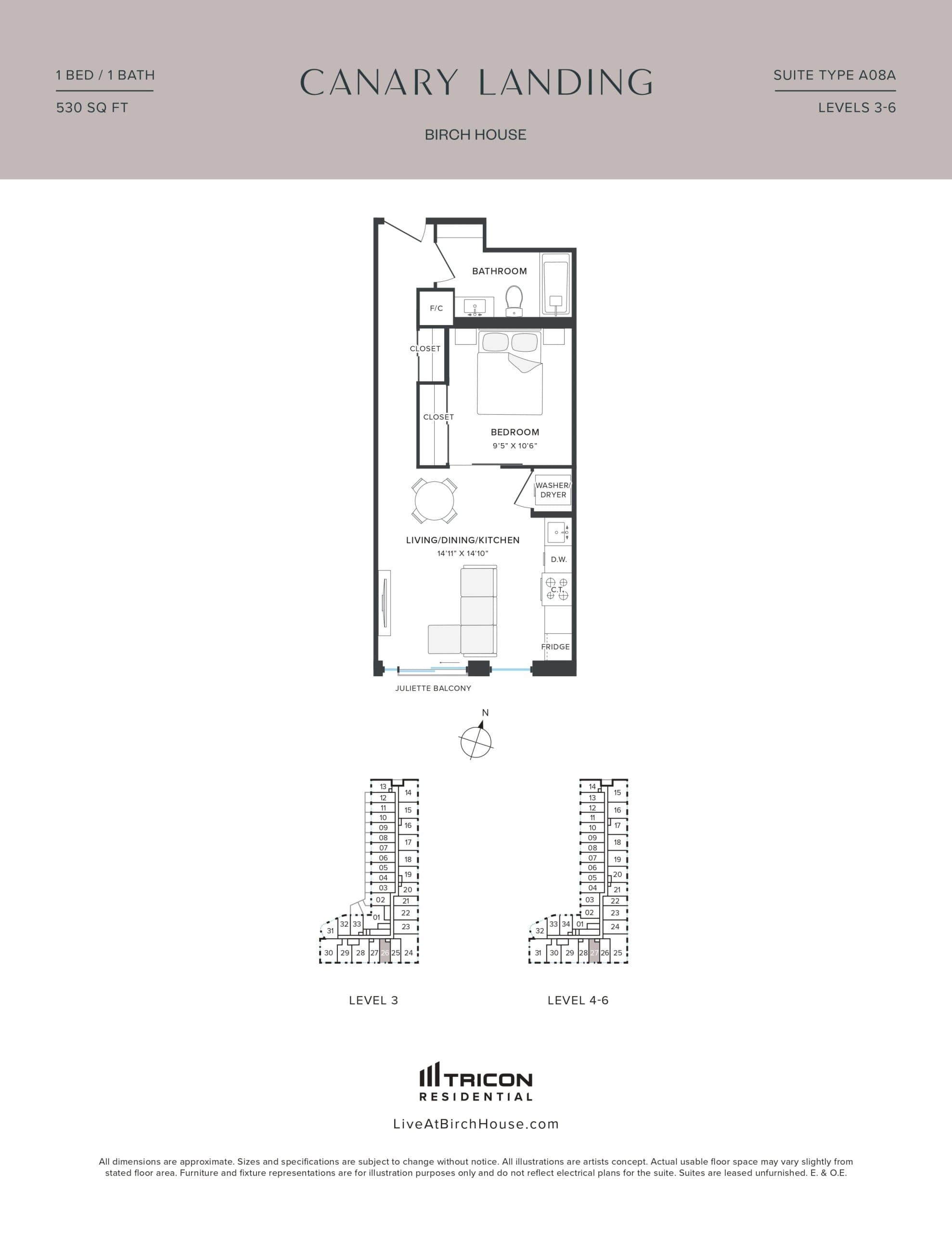 A08A Floor Plan at Birch House at Canary Landing - 530 sq.ft